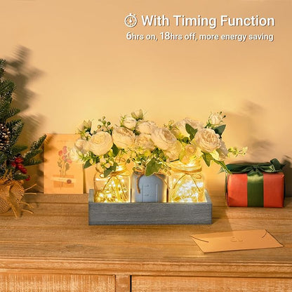 Mkono Mason Jar Lights Centerpiece Table Decor for Dining Room Farmhouse Wood Tray with 3 Jars Flowers Center Pieces Spring Decor for Coffee Table Kitchen Living Room, Grey Blue
