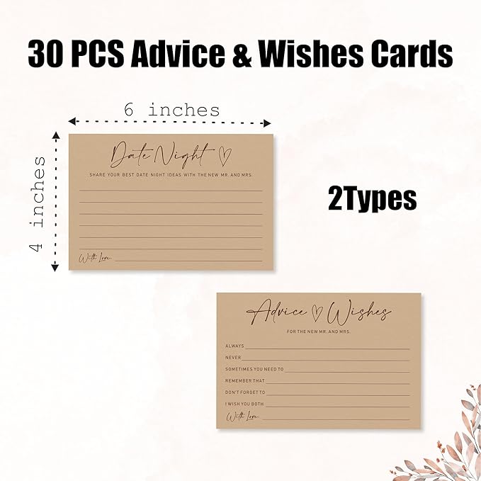 Advice & Wishes Card Set - Minimalism Brown - 15 Advice & Wishes Cards & 15 Date Night Cards Cards For New Couple, Newlyweds, Engagement, Wedding Party Favor & Supplies - B03