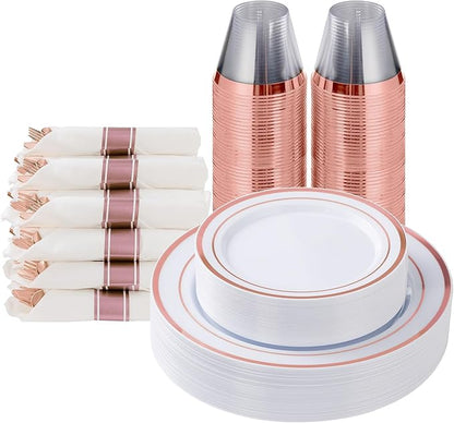 Goodluck 175 Piece Rose Gold Plastic Dinnerware Set for 25 Guests, Fancy Disposable Plates for Party, Include: 25 Dinner Plates, 25 Dessert Plates, 25 Pre Rolled Napkins with Silverware, 25 Cups