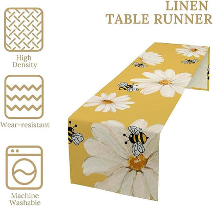 Daisy Flower Table Runner, Summer Spring Seasonal Watercolor Wildflower Yellow Bee Print Table Cover for Home Party Decor Kitchen Dining Table, 13x108inch