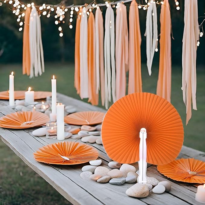 12 Packs Decorative Paper Folding Hand Fans Handheld,Orange Round Foldable Wedding Fans Chinese and Japanese Fans Bulk for Bridal Guest Church Party Favors Dancing Birthday DIY