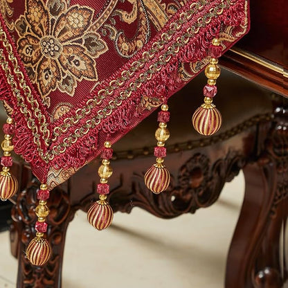 Luxury Vintage Design Table Runner 60 inches Long Embroidery Jacquard Fabric with Multi-Tassels Table Runners for Dining Room Dresser Christmas Thanksgivi Party Fireplace Decorations (Red, 12X60inch)