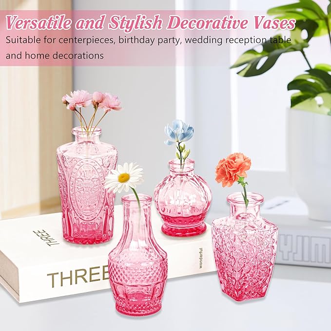 Set of 40 Glass Bud Vases, Small Pink Glass Vases in Bulk, Mini Vintage Embossed Flower Vase for Wedding, Centerpieces, Birthday Party, Baby Shower, Home Table Decorations (Pink)