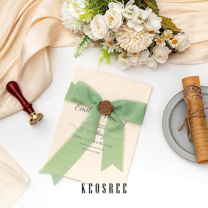 3 Rolls Sage Green Handmade Chiffon Ribbon,1.5" x 21Yd Frayed Fringe Silk Ribbons (3 Rolls *7Yd) for Gifts Wrapping, Wedding Invitations, Bridal Bouquets, Decorations