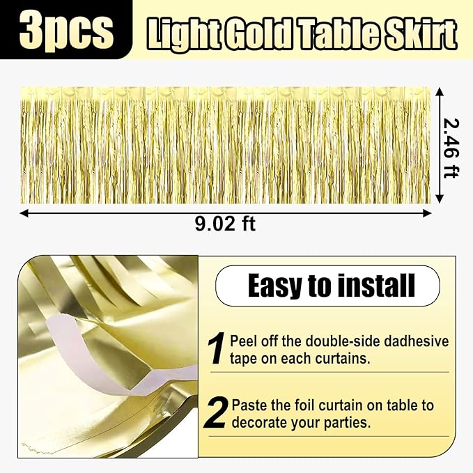 3 Pack 29x108 Inch Light Gold Foil Fringe Table Skirts Metallic Banner for Tinsel Streamer Garland Backdrop for Parade Floats Wedding Thanksgiving Birthday Christmas Halloween Party Decoration