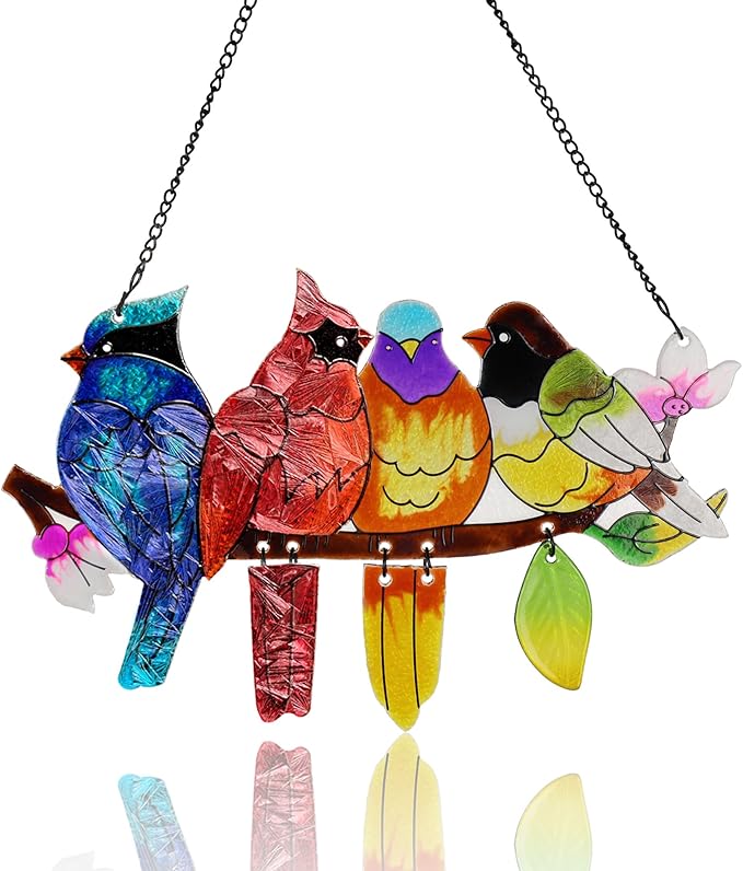 Stained Glass Window Hanging, Birds on A Branch Stain Glass Suncatcher, Hand-Painted Sun Catchers Indoor Window Decoration Bird Lover Gift for Mom, Grandma, Stocking Stuffers for Women
