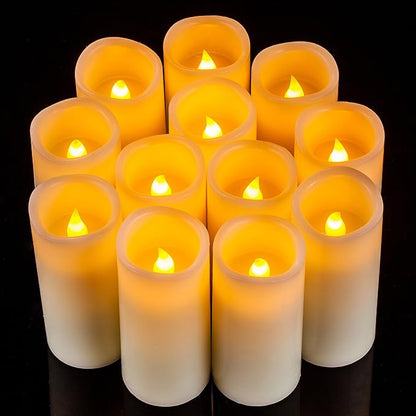 Flameless Candles Flickering LED Candles Set of 12 (D:2.2" X H:5") Ivory Real Wax Pillar Battery Opeated Candles with 10-Key Remote and Cycling 24 Hours Timer