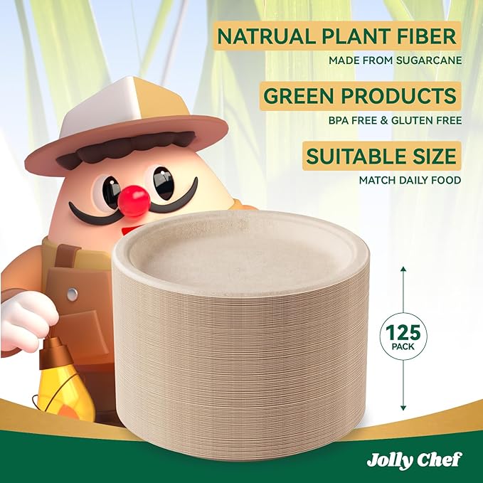 JOLLY CHEF Compostable Heavy Duty Plates 𝟭𝟬 𝗜𝗻𝗰𝗵 [𝟭𝟮𝟱 𝗣𝗮𝗰𝗸] Eco-Friendly Disposable Paper Plates Made of Bagasse Biodegradable Bulk for Party Dinner Sugarcane Fibers Round (Natural)