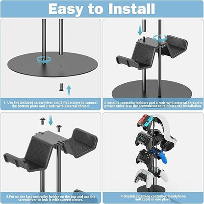 Kytok Controller Stand 4 Tiers with Cable Organizer for Desk, Universal Headphone Stand Compatible with Xbox PS5 PS4 Nintendo Switch, Headset Holder & Desk Mounts for 8 Packs Controller