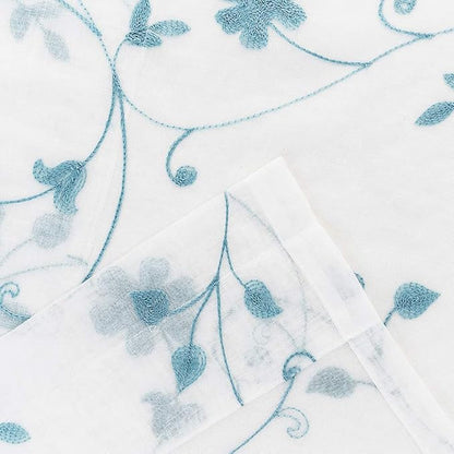 Floral Embroidery Sheer Curtains Blue 95 Inches Long, Window Treatments Rod Pocket Drapes for Living room, Bedroom, Semi Crinkle Voile Curtain Panels for Yard, Patio, Villa, Parlor, Set of 2, 52"x95".