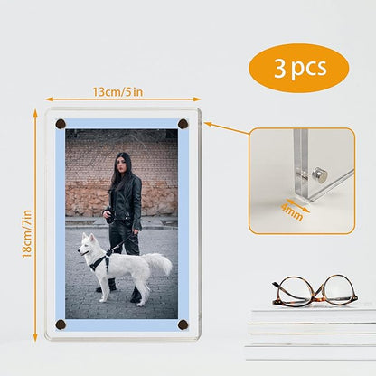 3 Pack acrylic fridge magnetic frame 5X7 Inch refrigerator photo magnet frames clear picture frames magnetic photos Display frame Double-Sided acrylic magnet frames(3pcs clear, 5x7 inch)