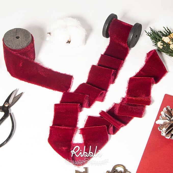 Ribbli Burgundy Velvet Ribbon 1.5 Inch Handmade Frayed Vintage Christmas Ribbon for Gift Wrapping Christmas Tree Ornament Wreath Craft Home Decor -Total 3 Yards with Wooden Spool