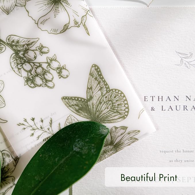 50 Pack Pre-Folded Vellum Jackets for 5x7 Invitations,AZAZA Elegant Translucent Invitation Sleeves,115GSM Vellum Jackets 5x7, Wedding Invitation Accessories, for Weddings Birthdays,Sage Green Toile