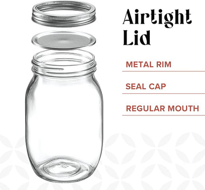[6 Pack] 16 oz. Regular-Mouth Glass Mason Jars with Metal Airtight Lids and Bands for 1 Pint Canning, Preserving, & Meal Prep
