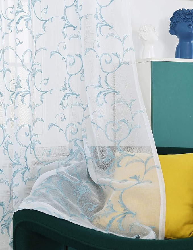 Embroidered Floral Sheer Curtains Blue 63 Inch , Rod Pocket Voile Drapes for Living room, Bedroom, Vintage Embroidery Semi Crinkle Curtain Panels for Yard, Patio, Villa, Parlor, Set of 2, 52"x 63".
