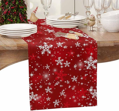 Christmas Snowflakes Cotton Linen Table Runner for Dining Kitchen, Red Xmas Winter Snow Wedding Outdoor Party Tablerunners Decoration, New Year Dresser Scarf Coffee Tablecloth Runners 13x90 Inches