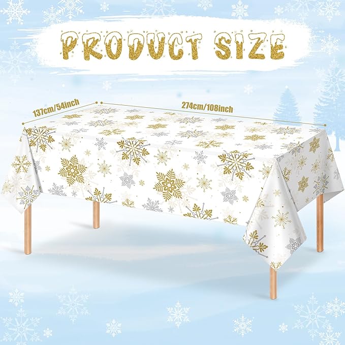 12Pcs Christmas Snowflake Party Tablecloths Decorations,Plastic White and Gold Table Cloth,Winter Rectangle Table Cover for Christmas New Year Birthday Baby Shower Holiday Party Decorations,54x108inch