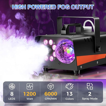 1200W Fog Machine, Halloween Smoke Machine Fog with Disco Ball Lights, 6000CFM with 13-Color LED Effects, Wired And Wireless Remote Controls, Ideal for Indoor, Outdoor, Wedding, Parties, and DJ Stage