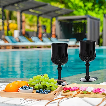JLYLOL Plastic Vintage Wine Glasses 7OZ Plastic Goblets Vintage Drinking Glasses 24PCS Retro Wedding Glassware Water Goblets Reusable Drinking Cups for Party,Reception,Celebration,Bar,Whiskey(Black)