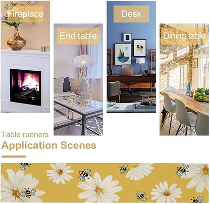 Daisy Flower Table Runner, Summer Spring Seasonal Watercolor Wildflower Yellow Bee Print Table Cover for Home Party Decor Kitchen Dining Table, 13x36inch