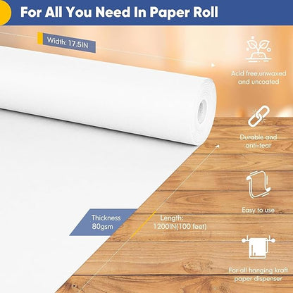 Vanhench White Wrapping Paper 17.5"x1200"(100'), White Easel Painting Drawing Paper Roll Kids Art Supplies, Chart Poster Bulletin Board, Floor Covering Arts Crafts Gift Wrap 80GSM 55LB