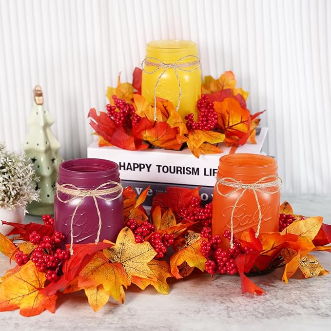 Fall Mason Jar Centerpieces for Tables – Thanksgiving Table Decorations with Autumn Leaves & Berries, Autumn Candle Holder Wreath Rings, Fall Taper Candle Rings for Dining Table