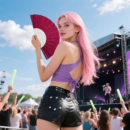 48 Pack Handheld Fan,Folding Hand Glitter fan with Shining Transparent Fan Rib – Ideal for Wedding, Church, Festival, Dance, Tea Party, Club, and EDM Accessories, Deep pink