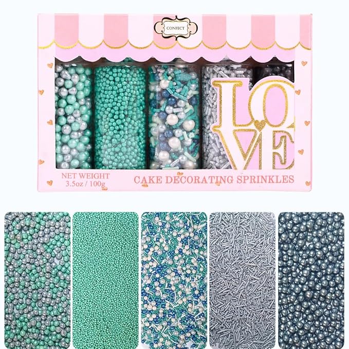 Confect Edible Sprinkles | Navy Blue & Teal Dragees, Green & White Jimmies, Bright Blue Sparkling Sugar | Baking Toppings & Decorations | Sprinkle for Cake & Cupcake Decorating – Vegan, Gluten-Free, Nut-Free, Soy-Free, Dairy-Free, Palm Oil-Free-5 Oz