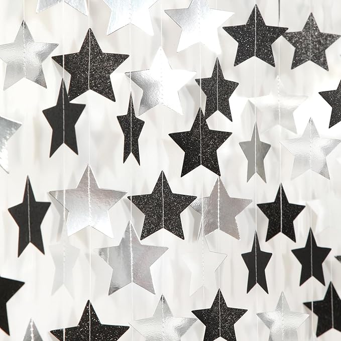 Black-Silver Birthday Graduation Party-Decorations Garland - 62ft Glitter Twinkle Little Star Hanging Streamers Banner Decor,Bachelorette Wedding Baby Bridal Shower New Years Supplies Backdrop Hugtmr