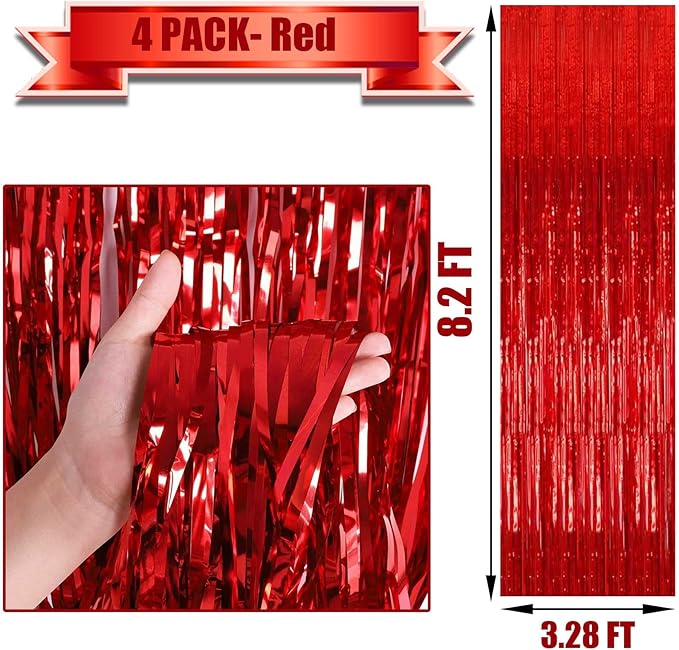4 Pack Red Foil Fringe Curtain Backdrop, 3.28Ft x 8.2Ft Metallic Tinsel Foil Fringe Streamer for Party, Photo Booth Props, Birthday, 2022 Mother's Day Decoration Party Supplies