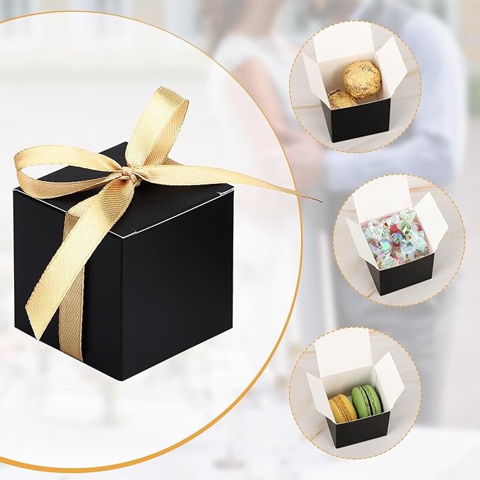 EUSOAR Favor Boxes, 60pcs 2x2x2 Inches Black Boxes Small Candy Box with Gold Ribbons, Mini Paper Cube Soap Box Chocolate Truffles Storage Macaron Container for Wedding Birthday Party DIY Favors