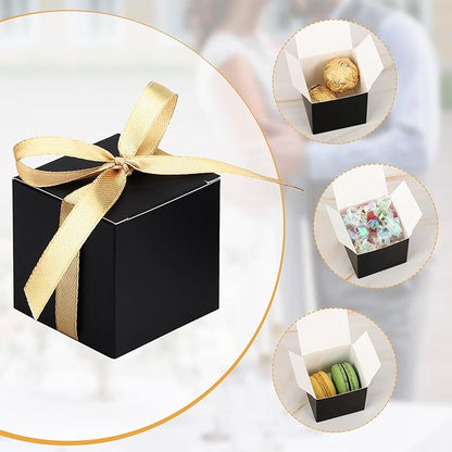 EUSOAR Favor Boxes, 60pcs 2x2x2 Inches Black Boxes Small Candy Box with Gold Ribbons, Mini Paper Cube Soap Box Chocolate Truffles Storage Macaron Container for Wedding Birthday Party DIY Favors