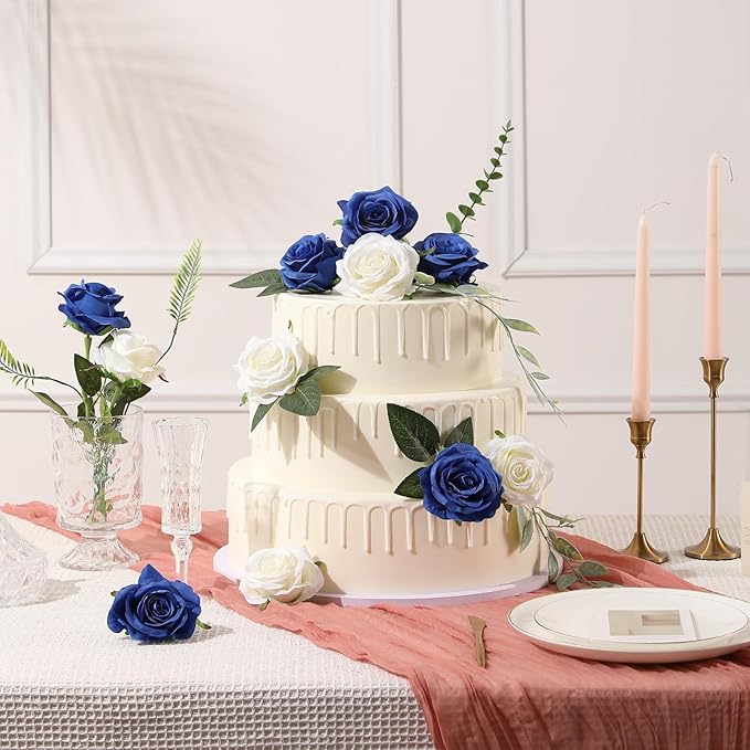 Tifuly Royal Blue Roses Artificial Flowers -12 pcs Realistic Single Long Stem Fake Silk Roses Bouquet for Party Home Wedding Centerpiece Office DIY Decor