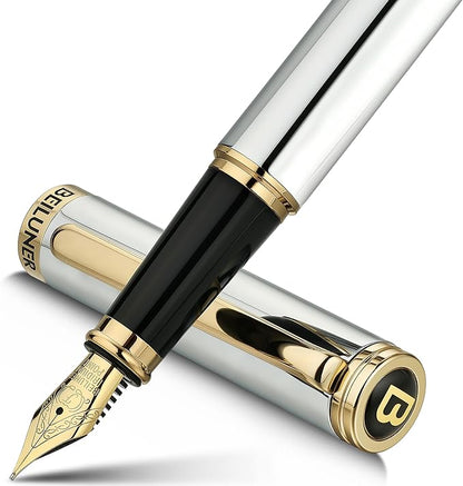 BEILUNER Silver Chrome Fountain Pen,Stunning Luxury with 24K Gold Accents, Gorgeous 24K Gilded Nib(Fine), Trustworthy Pen Gift for Men&Women -Ink Converter-Elegant, Graduation,Nice Pen for Writing