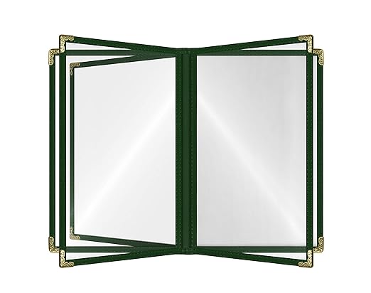Goodsmart Restaurant Menu Covers – 25 Pack Green 10-View 8.5" x 14" Cafe Menu Holders, Side-Loading Vinyl Covers with Clear Sleeves, Plastic & Leather-Style Menu Covers with Gold Corners