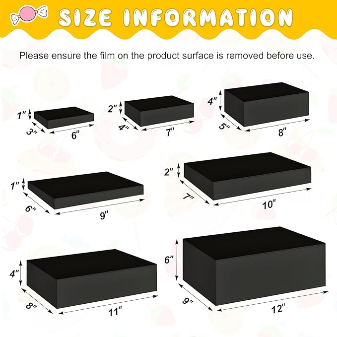 Leinuosen 7 Pcs Large Buffet Risers Set 6" to 12" Acrylic Display Box Catering Dessert Table Riser Food Display Decorative Stand with Hollow Bottom for Catering Supplies(Black, Rectangle)