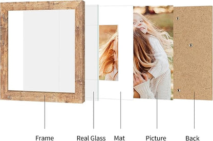 10x10 Picture Frame Set of 4 with Real Glass, Rustic Brown Frames Display 8x8 Picture with Mat or 10 x 10 Without Mat, Wooden Square Photo Frame for Wall Mount and Tabletop Display