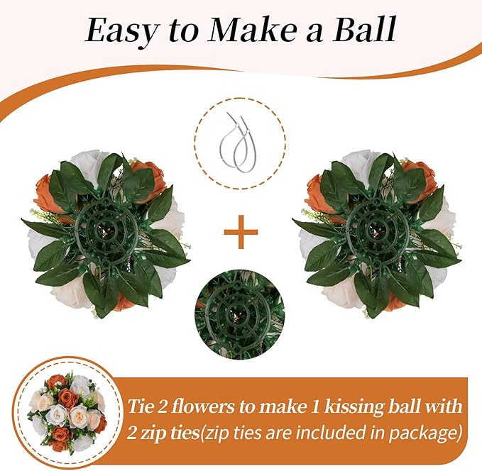 BLOSMON Terracotta Flowers for Wedding Centerpieces: 6 Pcs Fake Rose Kissing Balls Fall Table Decor - Artificial Silk Bouquet with Base Floral Arrangements Home Party Room DIY Decorations