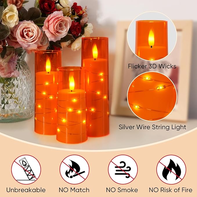 Raycare Flameless Candle with Remote Timer – 9 Flickering Acrylic Battery Operated LED Pillar Candles with Embedded Star String for Halloween, Home Decor, and as a Gift (Orange)