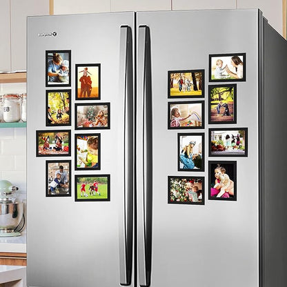 CRUGLA 5x7 Magnetic Picture Frames for Refrigerator 12 Packs, Modified Magnetic Sheet with Self Adhesive Backing, Black 5 by 7 Magnetic Photo Frame Set for Glass Window Door Cubicle