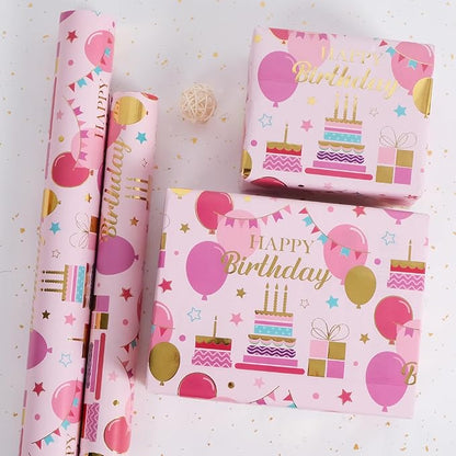 Aimyoo Pink Birthday Wrapping Paper Roll - 17 Inch X 16.4 Feet - Gold Foil Celebration Cake, Balloon, Happy Birthday Lettering Design Gift Wrap for Kids, Baby Showers