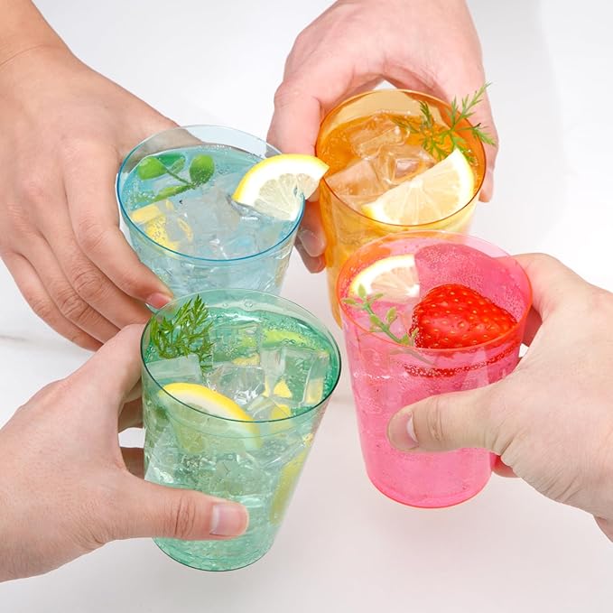 DaYammi 100 Pack Colorful Plastic Cups 10 Oz Disposable Cups Neon Glowing Plastic Party Cup, Assorted Neon Colors for Wedding Wine Glasses Heavy Duty Disposable Tumblers Drinking Cocktail Glasses