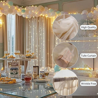 10×10ft Tulle Backdrop Curtains with Lights String - 300LED Fairy Lights Sheer Curtain Backdrop for Weddings Baby Shower and Birthday Party Decorations(2 Panels 5×10ft)
