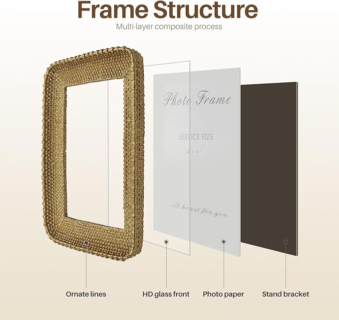 Cuspin 4x6 Picture Frame Vintage Gold Metal Rattan Textured Hand-Crafted Photo Frame with Glass Front, Antique Picture Frame for Tabletop Display & Wall Display, Retro Design Home Decor