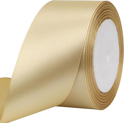Champagne Solid Satin Ribbon 2 Inch 25 Yards Solid Polyester Fabric Ribbon for Gift Wrapping Wedding Christmas Baby Shower Birthday Party Decoration Handmade Immortal Flower Craft