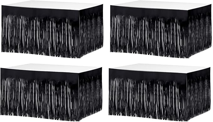 4 Pack 29x108 Inch Metallic Foil Fringe Tinsel Table Skirts for Rectangle Tables Streamer Curtains Backdrop for Halloween, Birthday, Parade Floats, Christmas Party Supplies(Black)