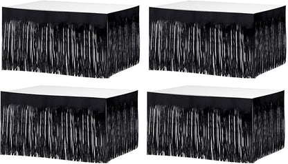 4 Pack 29x108 Inch Metallic Foil Fringe Tinsel Table Skirts for Rectangle Tables Streamer Curtains Backdrop for Halloween, Birthday, Parade Floats, Christmas Party Supplies(Black)