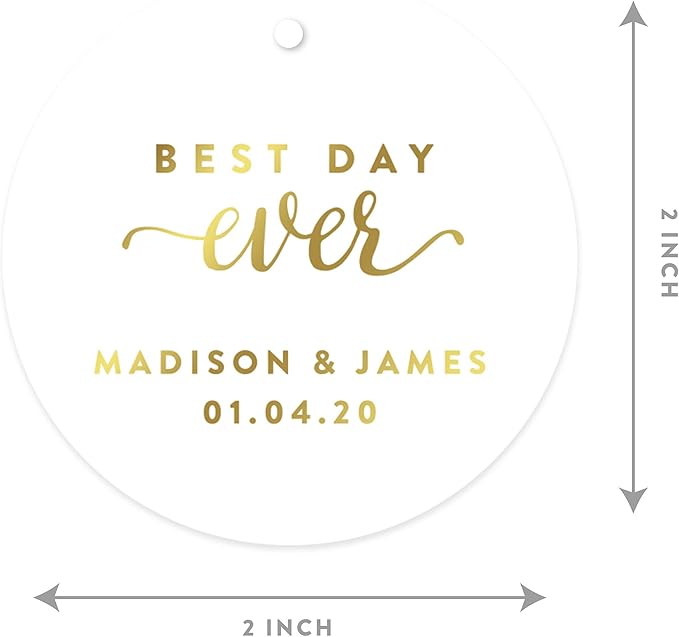 Andaz Press Personalized Round Circle Wedding Gift Tags, Metallic Gold Ink, Best Day Ever, 24-Pack, Custom Made Any Name