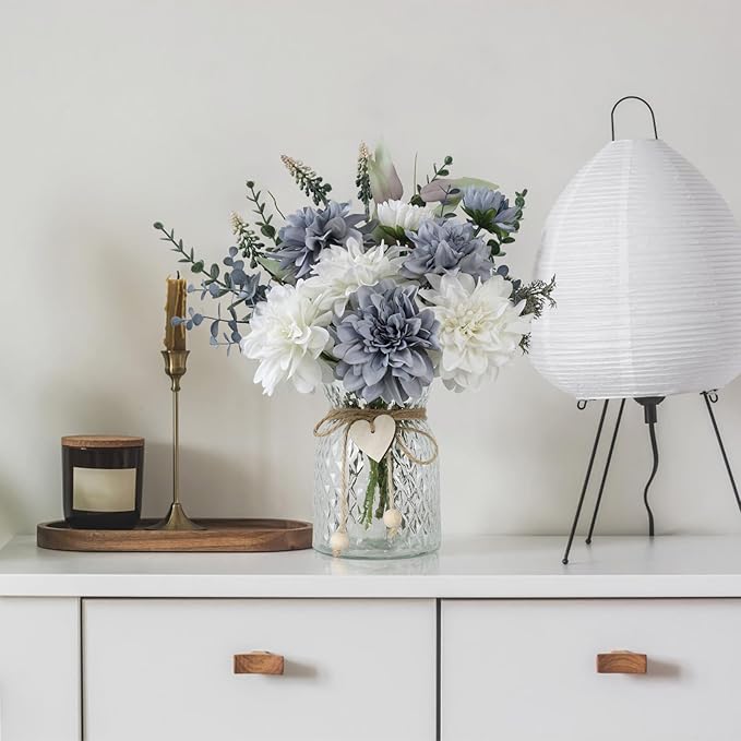 Fake Flowers with Vase,8 Dahlias, with a Flower Arrangement Holder,Silk Faux Dahlia Artificial Flowers in Vase,Centerpiece Table Decorations,Coffee Table Decor