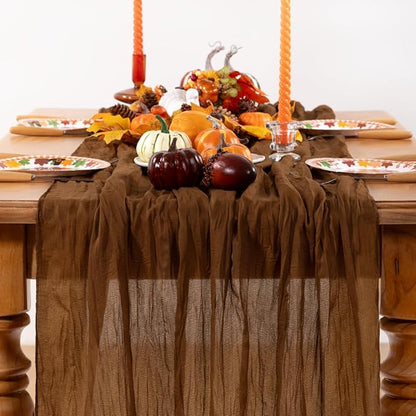 Brown Cheesecloth Table Runner Tan 4 Pack Fall Table Runners Boho Gauze 120 Inches Marron Cheese Cloth Fall Table Decorations for Thanksgiving Wedding Bridal Baby Shower Tea Party Decor